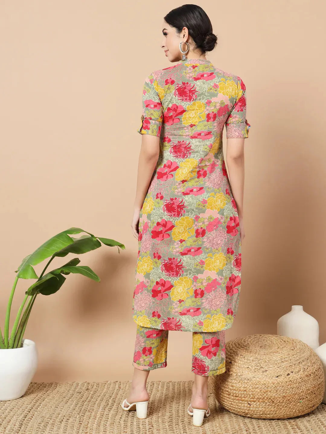 Yufta Sea Green Floral Printed Cotton Yoke Co-Ord Set - Swadesiicart