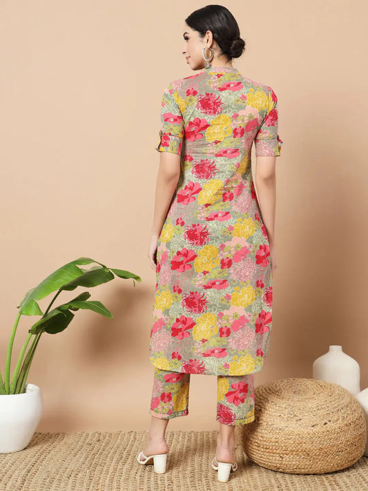 Yufta Sea Green Floral Printed Cotton Yoke Co-Ord Set - Swadesiicart