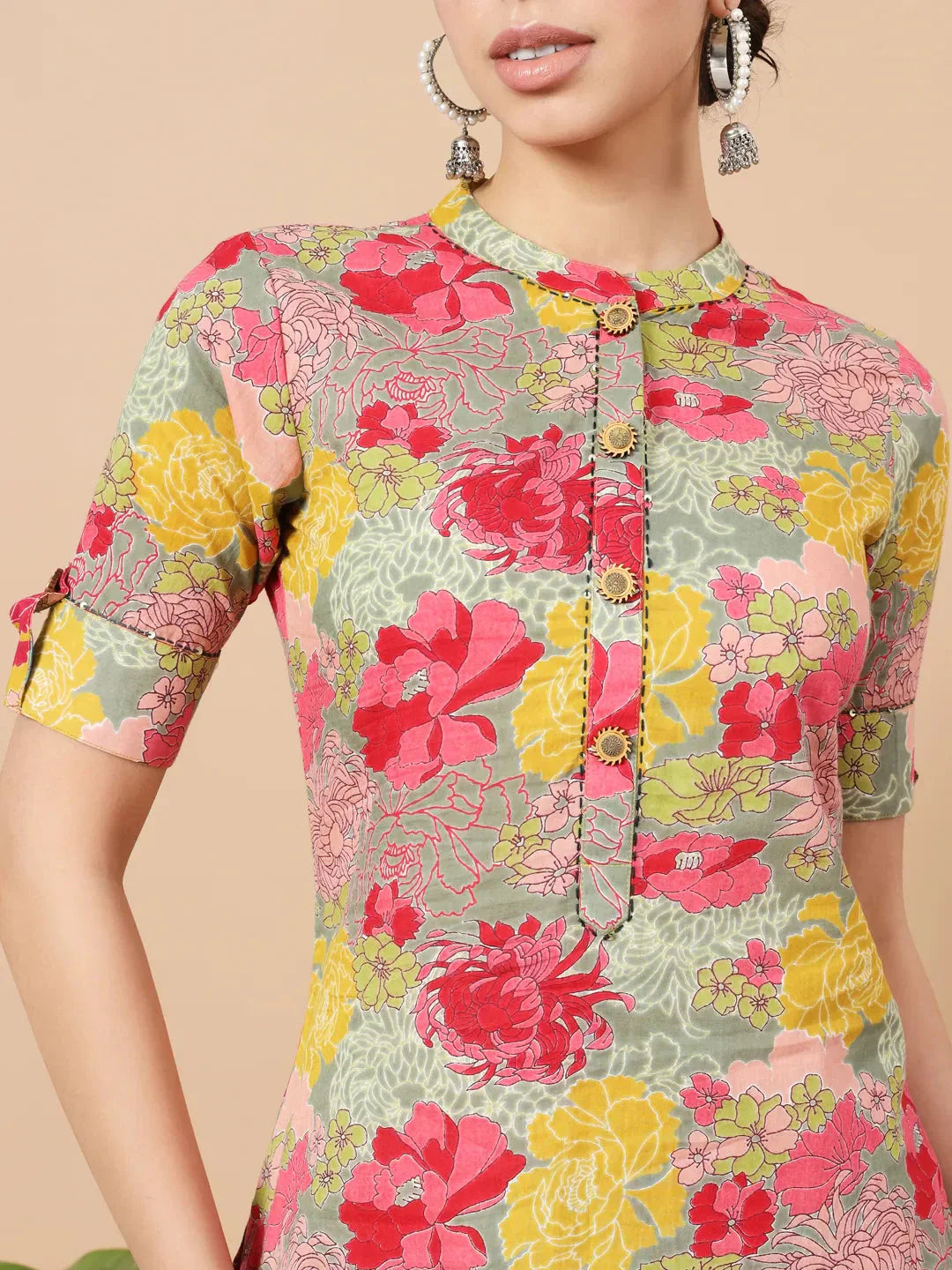 Yufta Sea Green Floral Printed Cotton Yoke Co-Ord Set - Swadesiicart