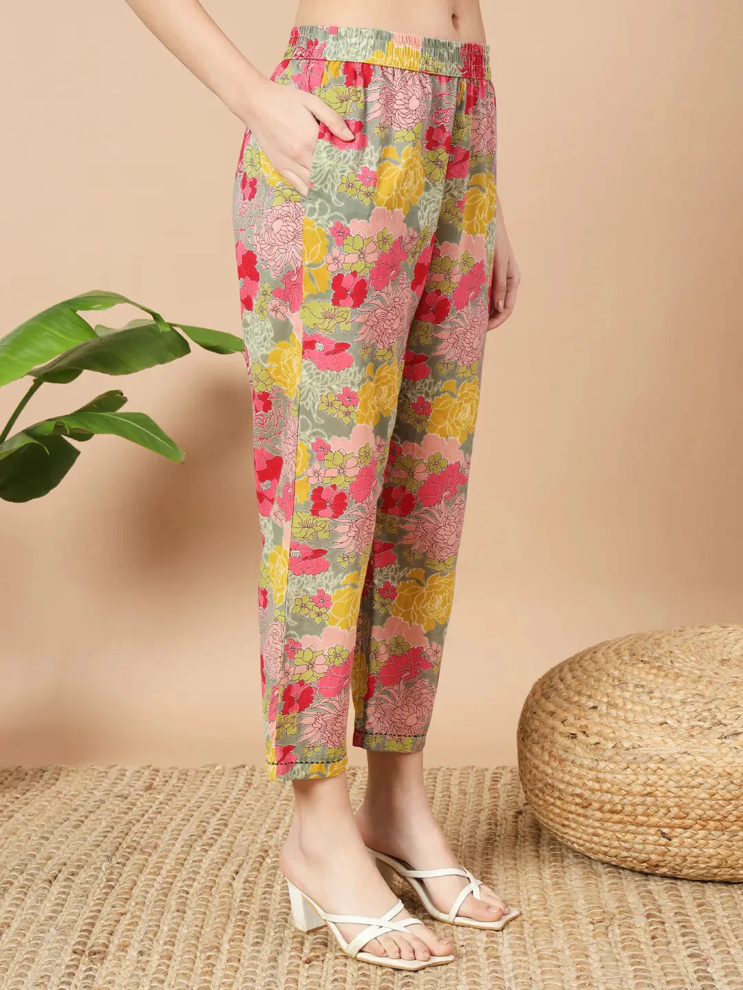 Yufta Sea Green Floral Printed Cotton Yoke Co-Ord Set - Swadesiicart