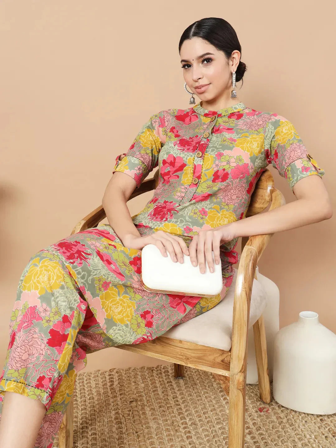 Yufta Sea Green Floral Printed Cotton Yoke Co-Ord Set - Swadesiicart