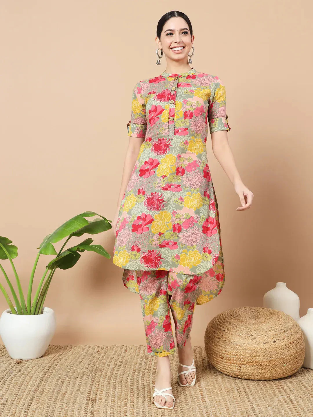 Yufta Sea Green Floral Printed Cotton Yoke Co-Ord Set - Swadesiicart