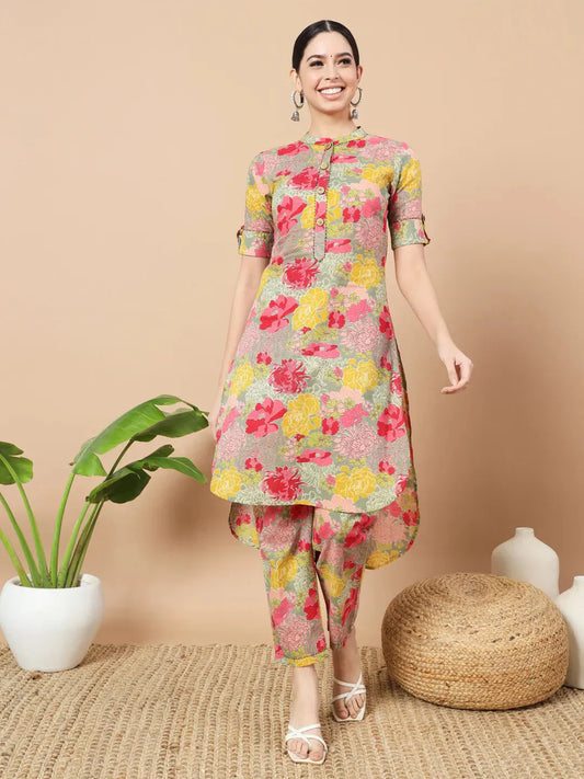 Yufta Sea Green Floral Printed Cotton Yoke Co-Ord Set - Swadesiicart