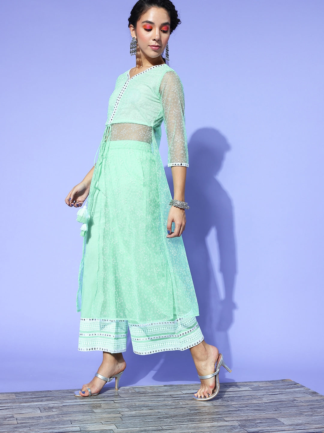 Yufta Sea Green Printed Top with Trousers - Swadesiicart