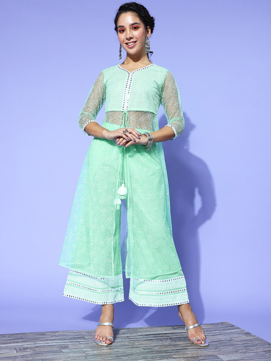 Yufta Sea Green Printed Top with Trousers - Swadesiicart