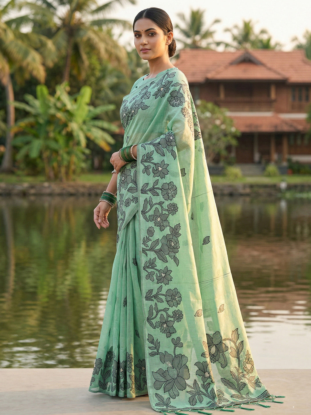 Anaita Turquoise Linen Printed Saree With Blouse