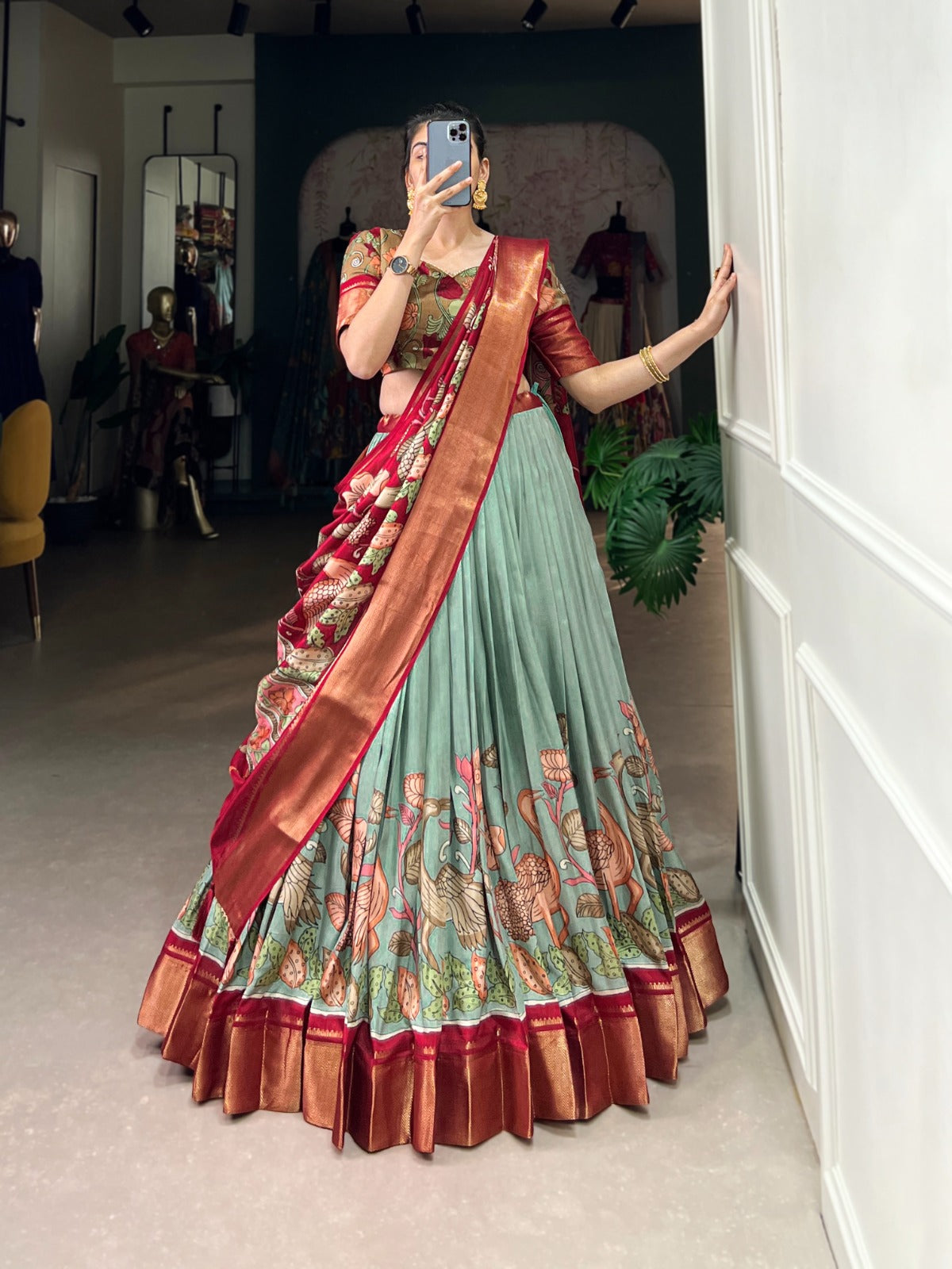 Lorenvalley Seagreen Dola Silk and Jacquard Silk Printed (Kalamkari) With Zari Weaving Border Lehenga Choli | Swadesiicart