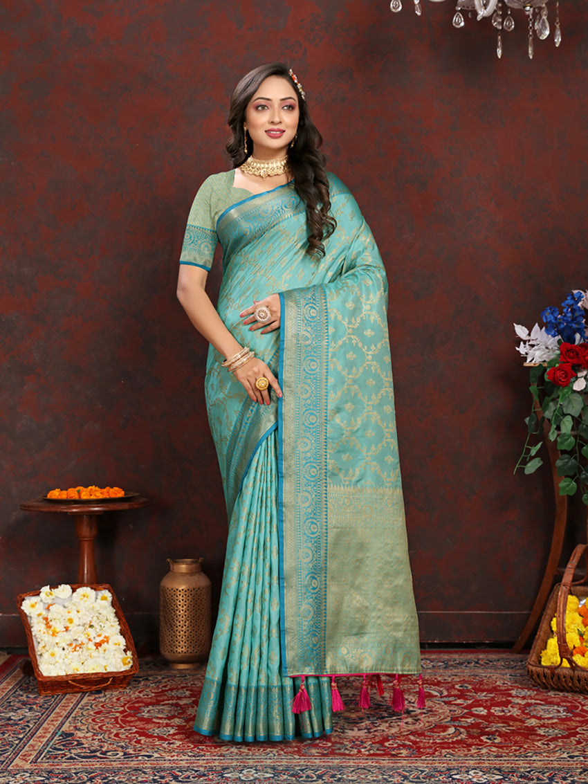 Lorenvalley Fashion Seagreen Soft Katan Silk Woven Design Zari Weaving Pallu Saree - Swadesiicart