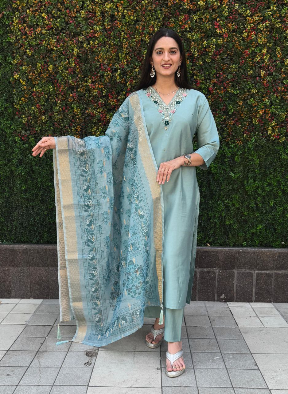 Lorenvalley Fashion Seagreen Roman Silk Hand Work Kurta Pant with Dupatta - Swadesiicart