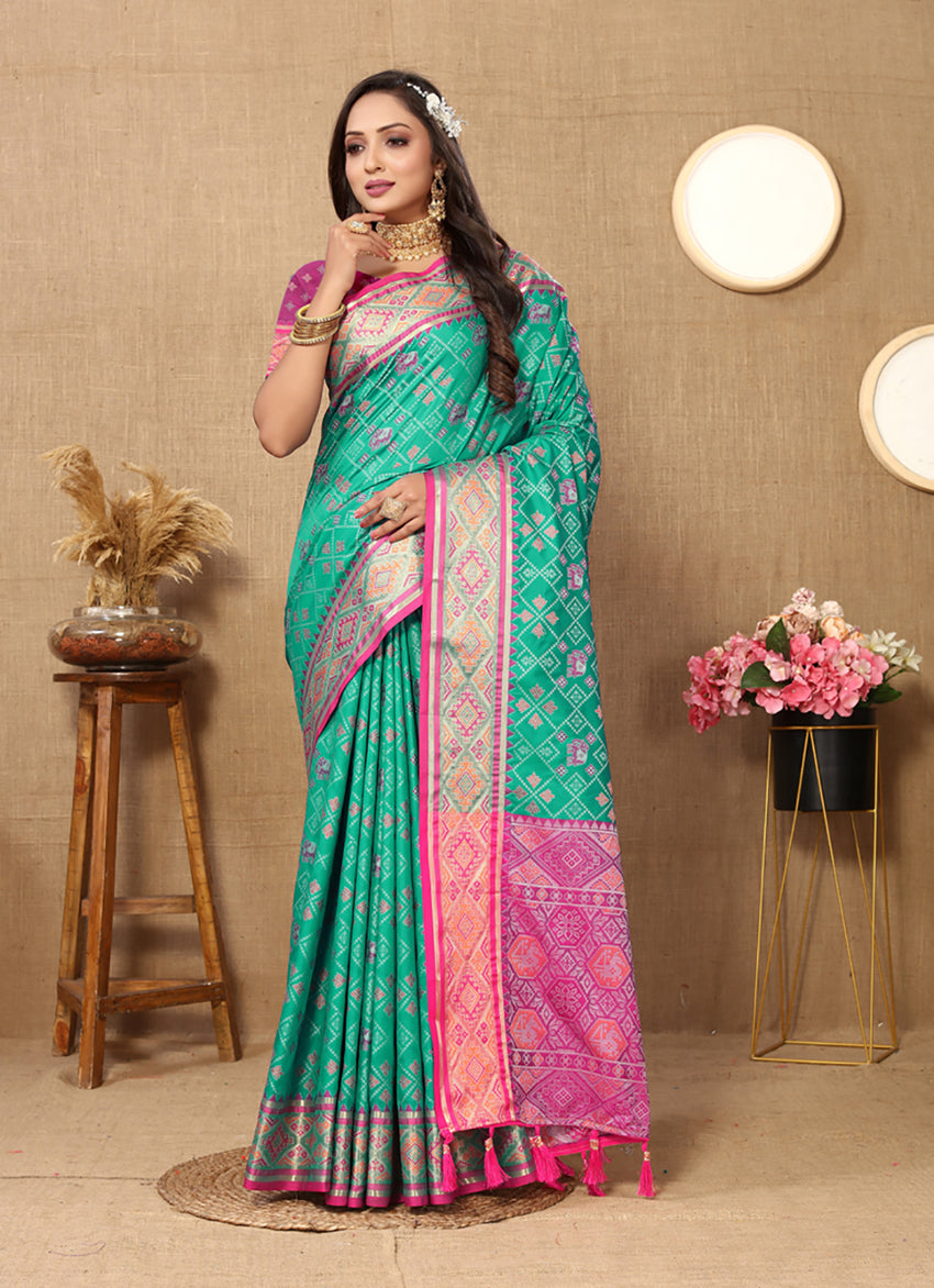 Lorenvalley Fashion Seagreen Patola Silk Woven Design with Zari Meenakari Weaving motifs Pallu Saree - Swadesiicart