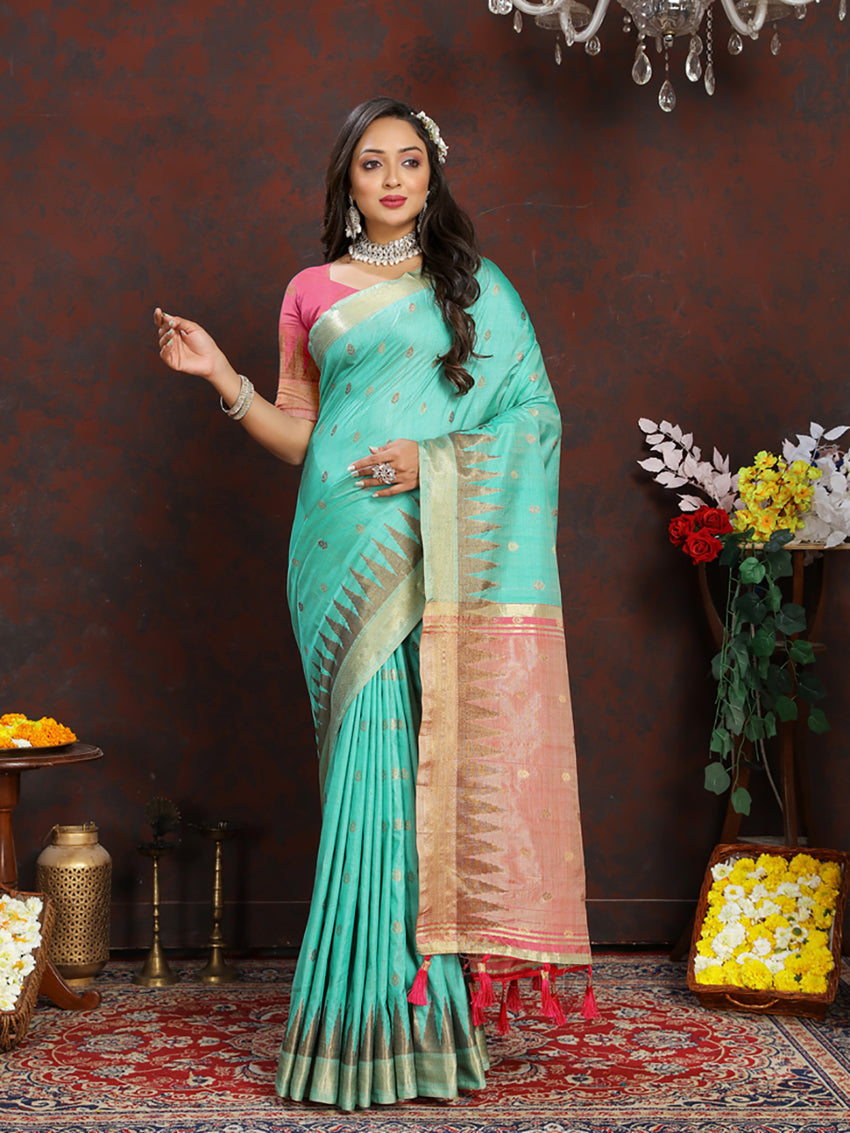 Lorenvalley Fashion Seagreen Soft Katan Silk Woven Design Zari Weaving Pallu Saree - Swadesiicart