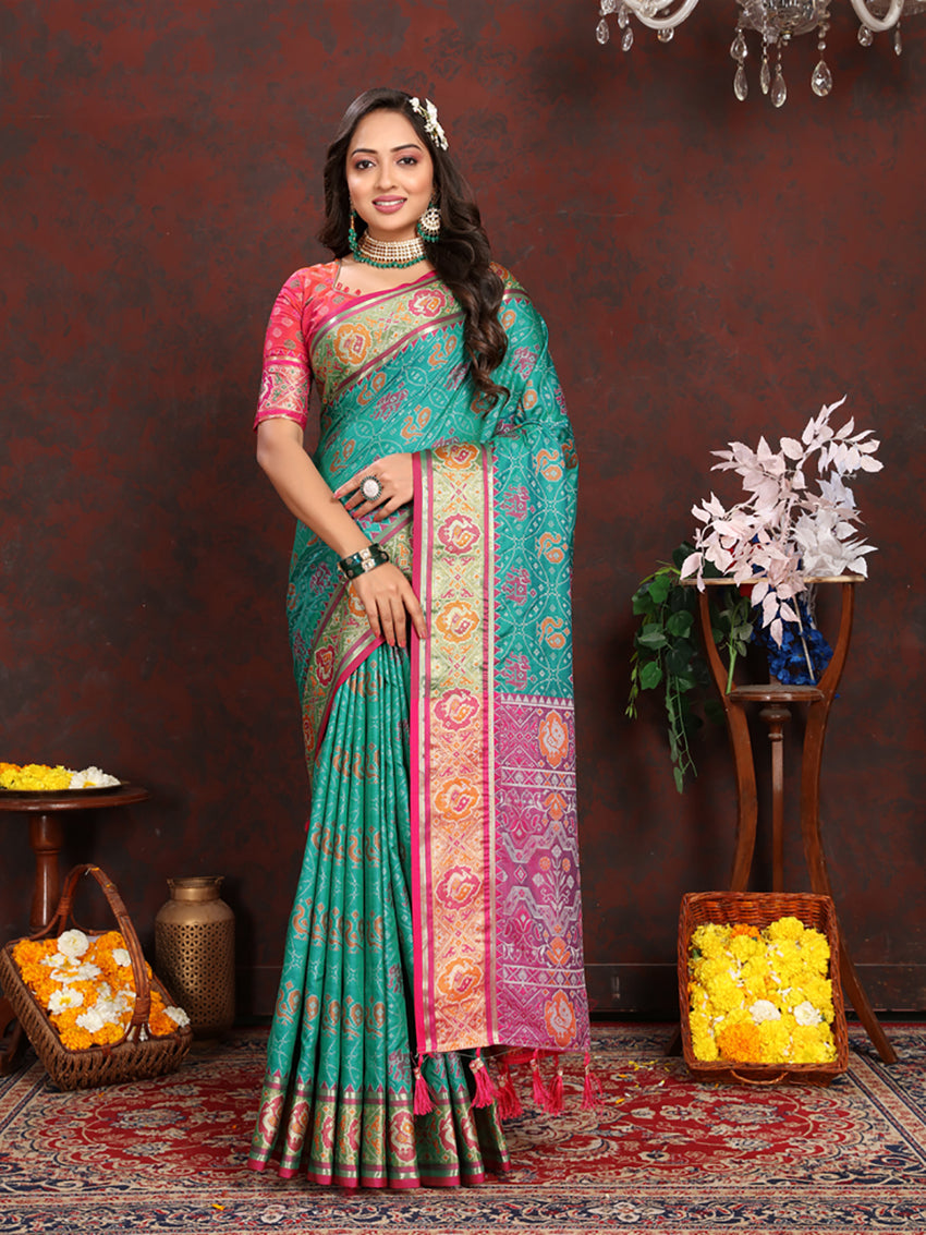 Lorenvalley Fashion Seagreen Patola Silk Woven Design with Zari Meenakari Weaving motifs Pallu Saree - Swadesiicart