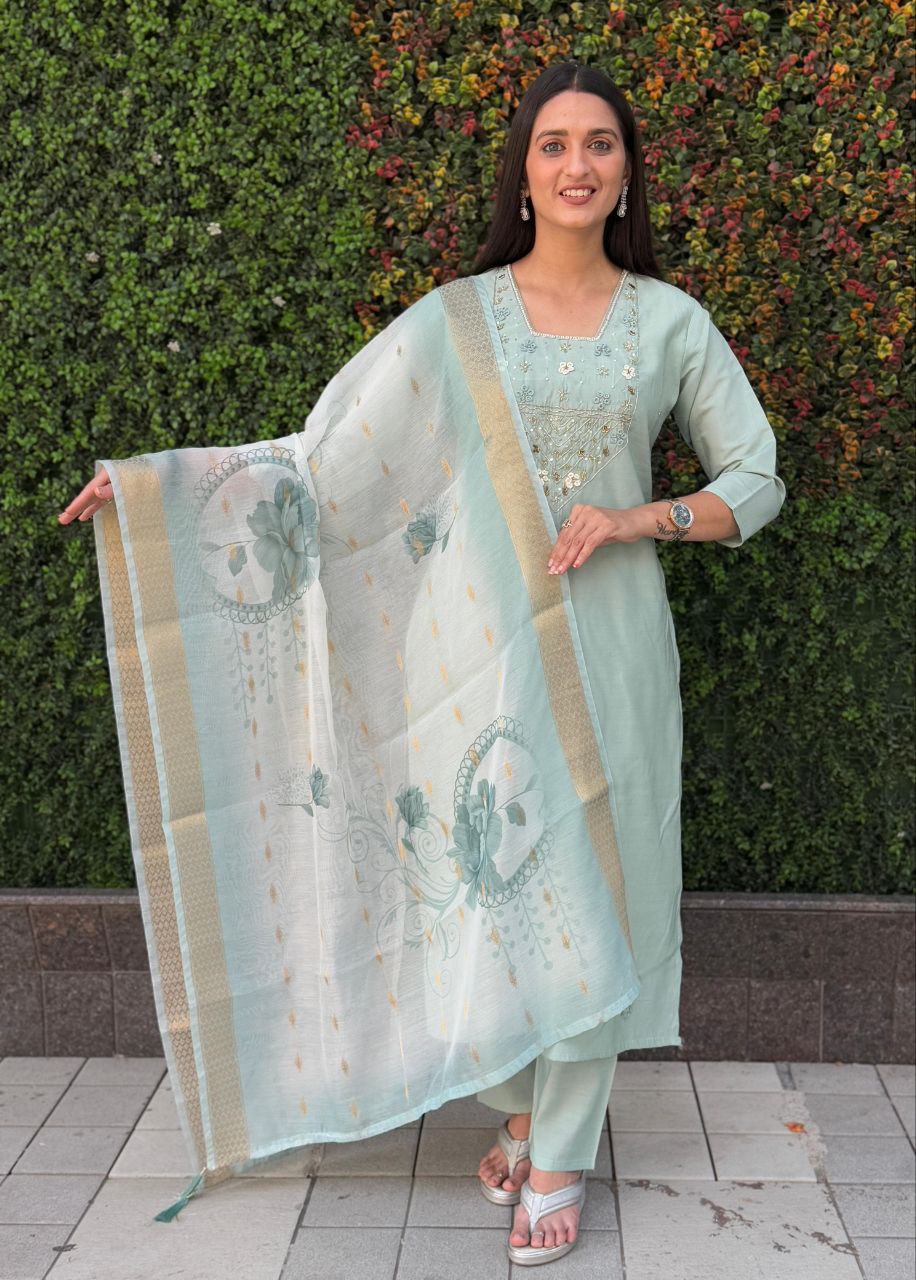 Lorenvalley Fashion Seagreen Roman Silk Hand Work Kurta Pant with Dupatta - Swadesiicart