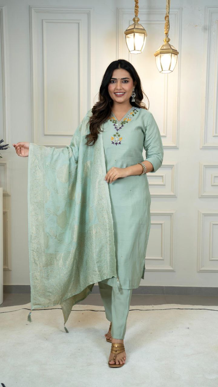 Lorenvalley Fashion Seagreen Roman Silk Hand Work Kurta Pant with Dupatta - Swadesiicart