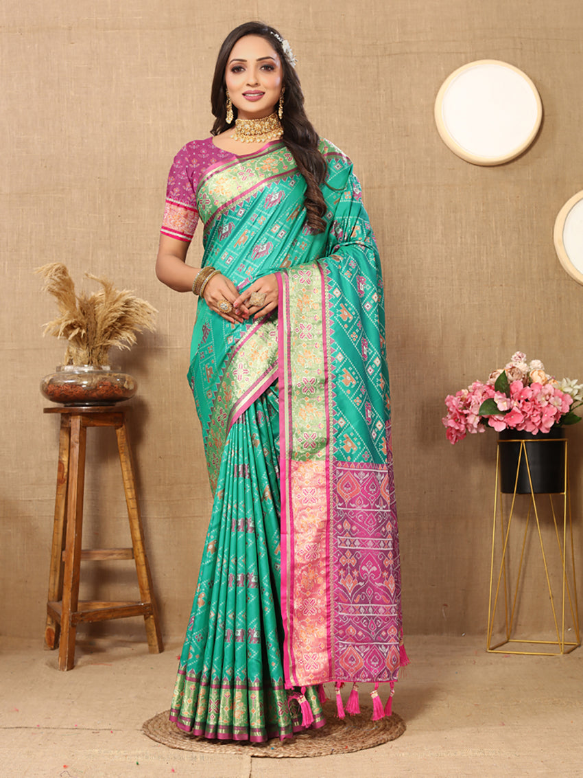 Lorenvalley Fashion Seagreen Patola Silk Woven Design with Zari Meenakari Weaving motifs Pallu Saree - Swadesiicart