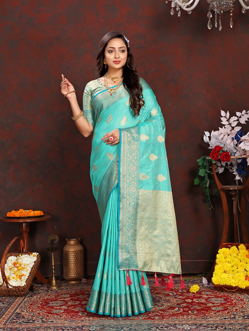 Lorenvalley Fashion Seagreen Soft Katan Silk Woven Design Zari Weaving Pallu Saree - Swadesiicart