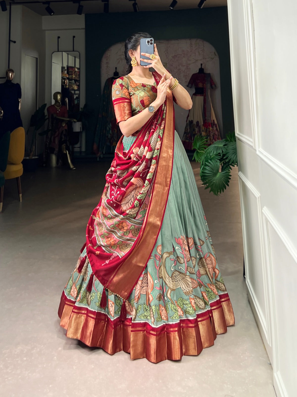 Lorenvalley Seagreen Dola Silk and Jacquard Silk Printed (Kalamkari) With Zari Weaving Border Lehenga Choli | Swadesiicart