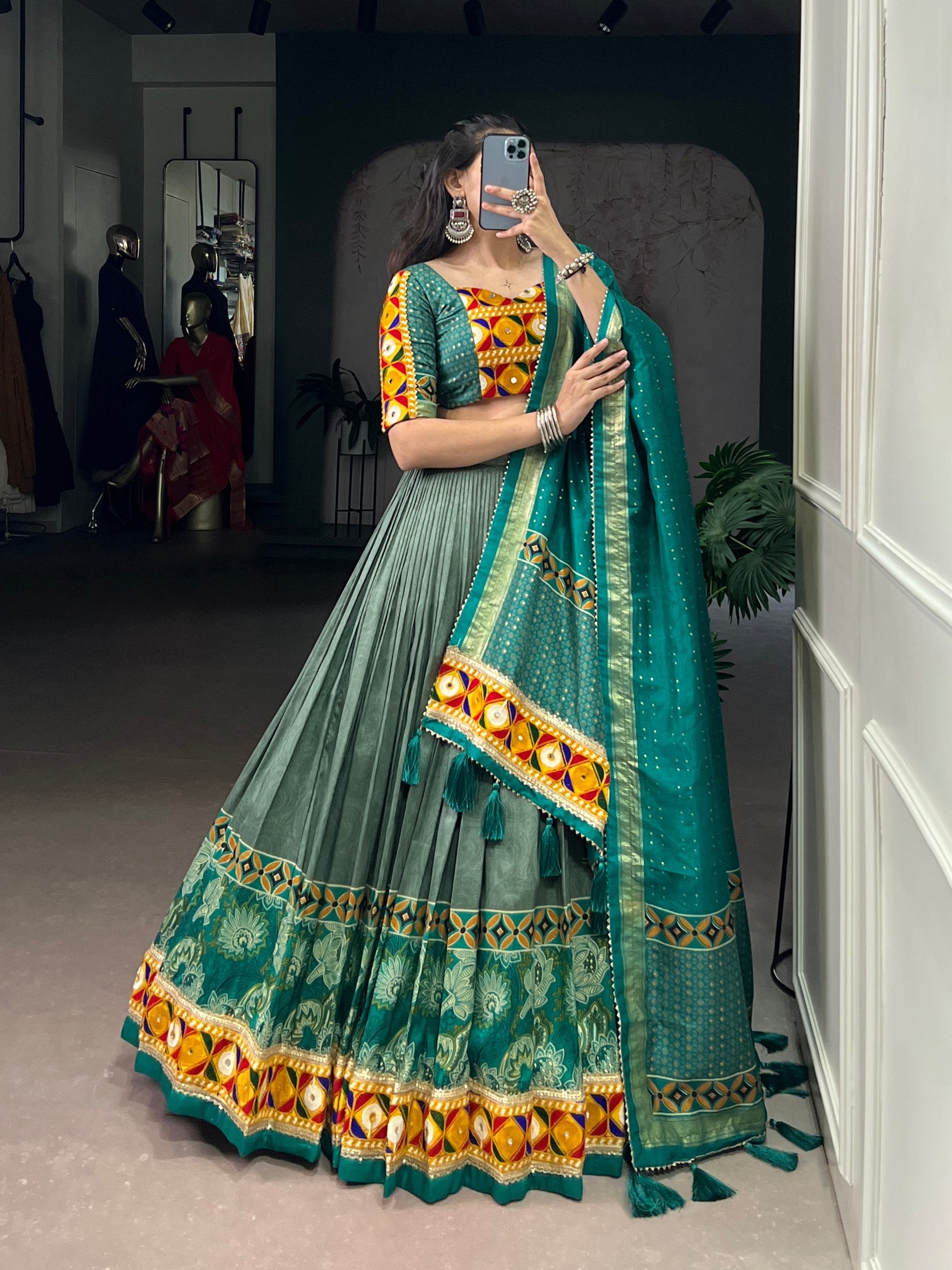 Lorenvalley Fashion Seagreen Tasar Silk Print with Foil Work and Real Mirror Gamthi Work with Lace Touch Up Lehenga Choli with Dupatta | Swadesiicart