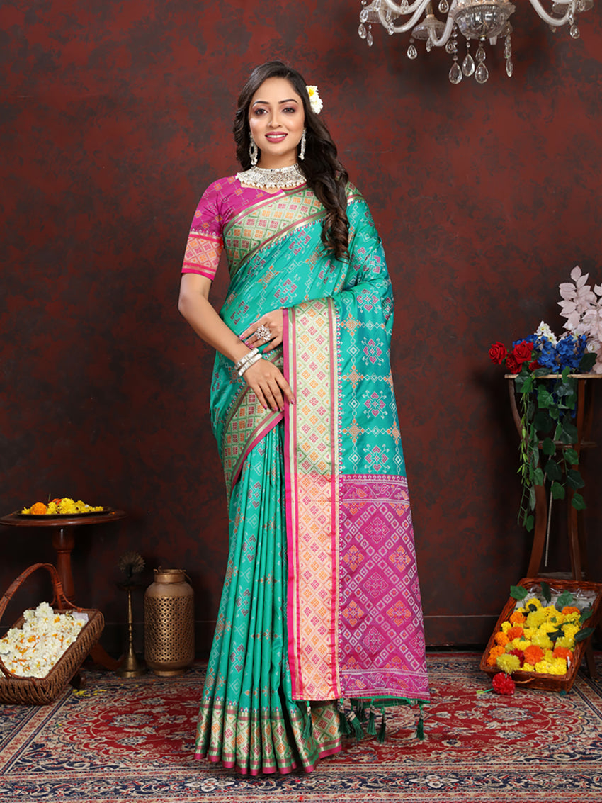 Lorenvalley Fashion Seagreen Patola Silk Woven Design with Zari Meenakari Weaving motifs Pallu Saree - Swadesiicart