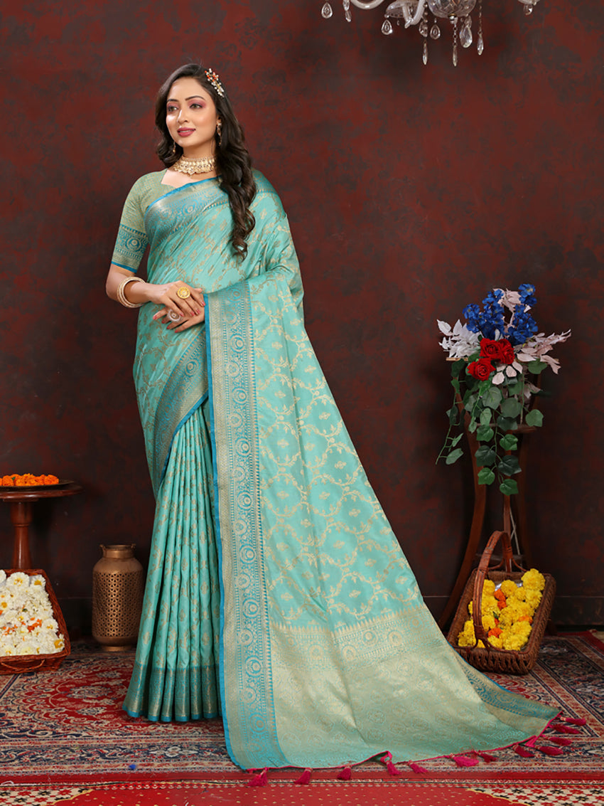 Lorenvalley Fashion Seagreen Soft Katan Silk Woven Design Zari Weaving Pallu Saree - Swadesiicart