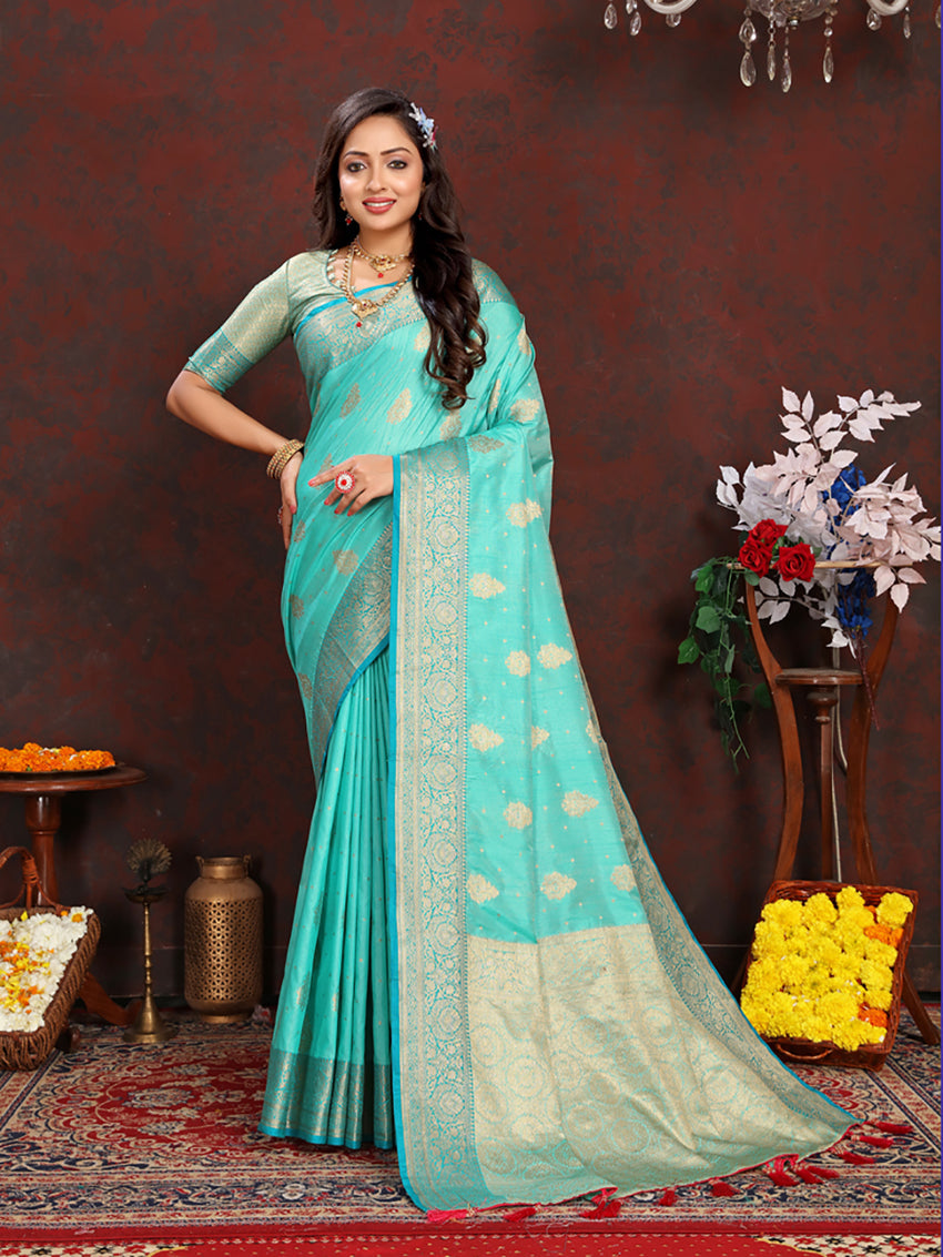 Lorenvalley Fashion Seagreen Soft Katan Silk Woven Design Zari Weaving Pallu Saree - Swadesiicart