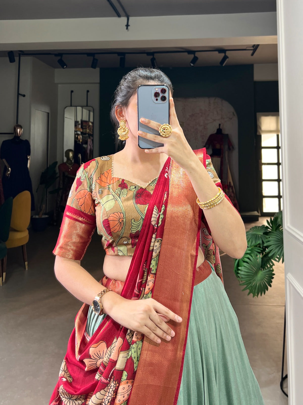 Lorenvalley Seagreen Dola Silk and Jacquard Silk Printed (Kalamkari) With Zari Weaving Border Lehenga Choli | Swadesiicart