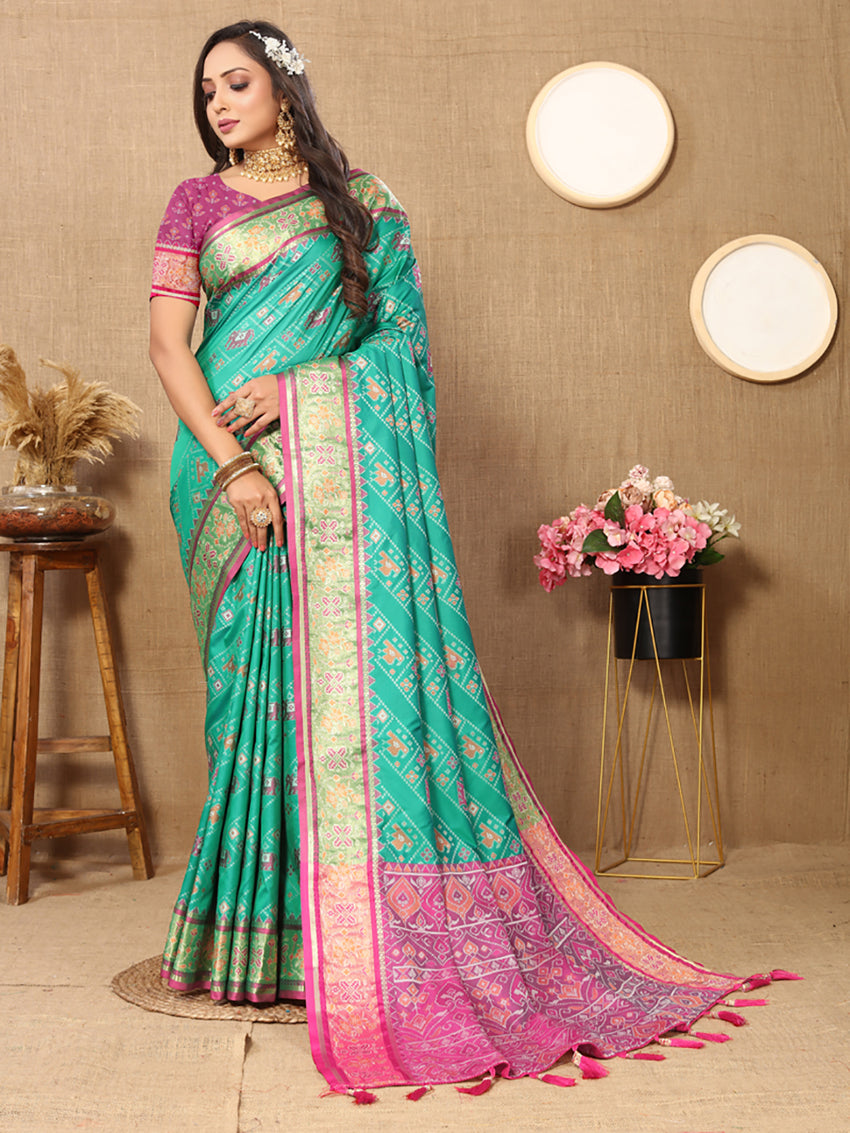 Lorenvalley Fashion Seagreen Patola Silk Woven Design with Zari Meenakari Weaving motifs Pallu Saree - Swadesiicart