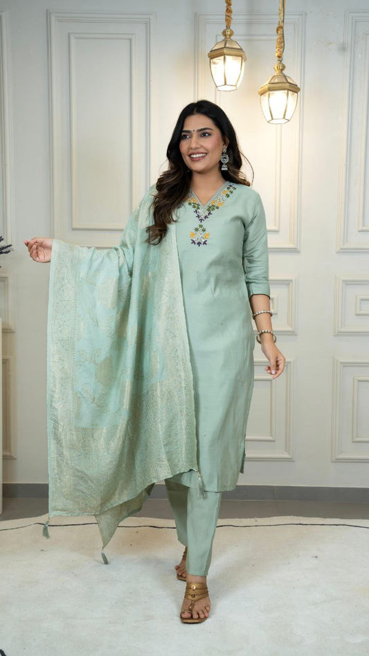Lorenvalley Fashion Seagreen Roman Silk Hand Work Kurta Pant with Dupatta - Swadesiicart