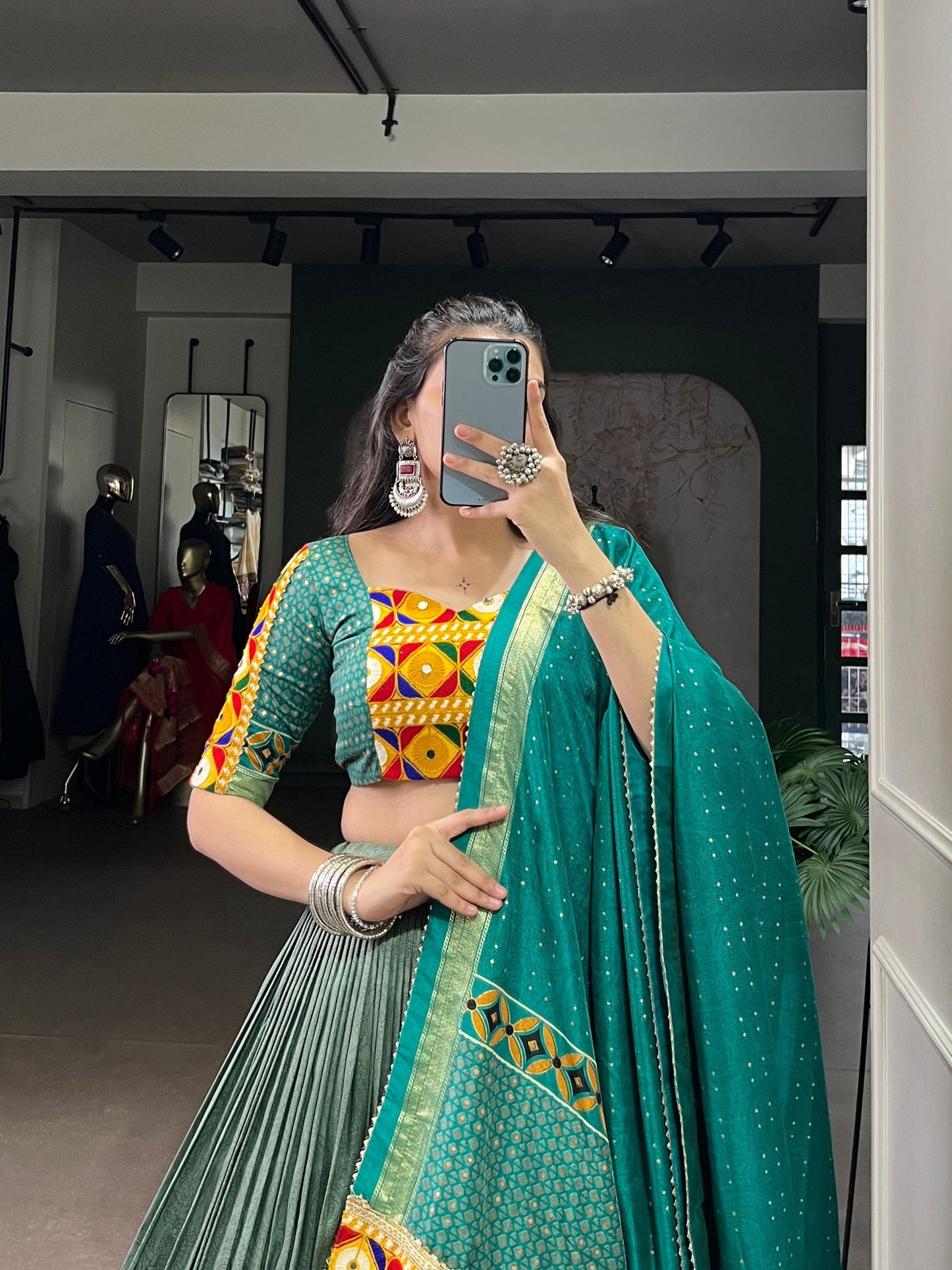 Lorenvalley Fashion Seagreen Tasar Silk Print with Foil Work and Real Mirror Gamthi Work with Lace Touch Up Lehenga Choli with Dupatta | Swadesiicart