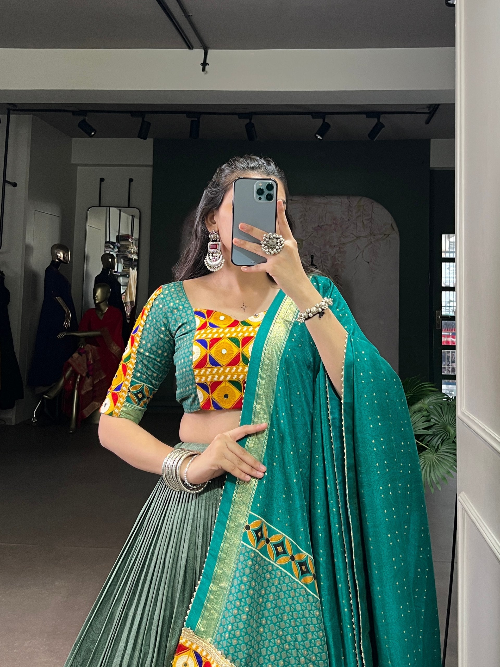 Lorenvalley Fashion Seagreen Tasar Silk Print with Foil Work and Real Mirror Gamthi Work with Lace Touch Up Lehenga Choli with Dupatta | Swadesiicart