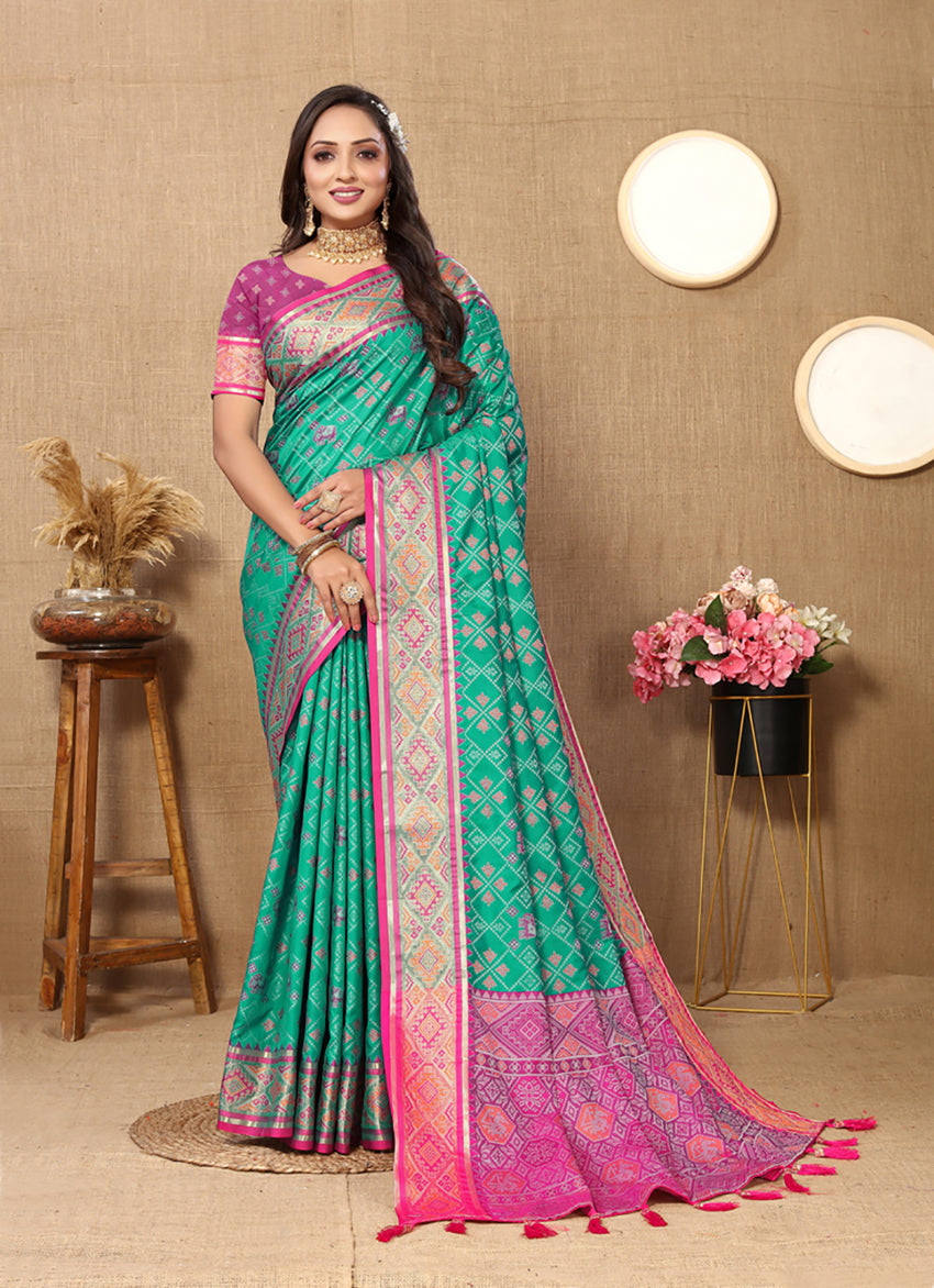 Lorenvalley Fashion Seagreen Patola Silk Woven Design with Zari Meenakari Weaving motifs Pallu Saree - Swadesiicart