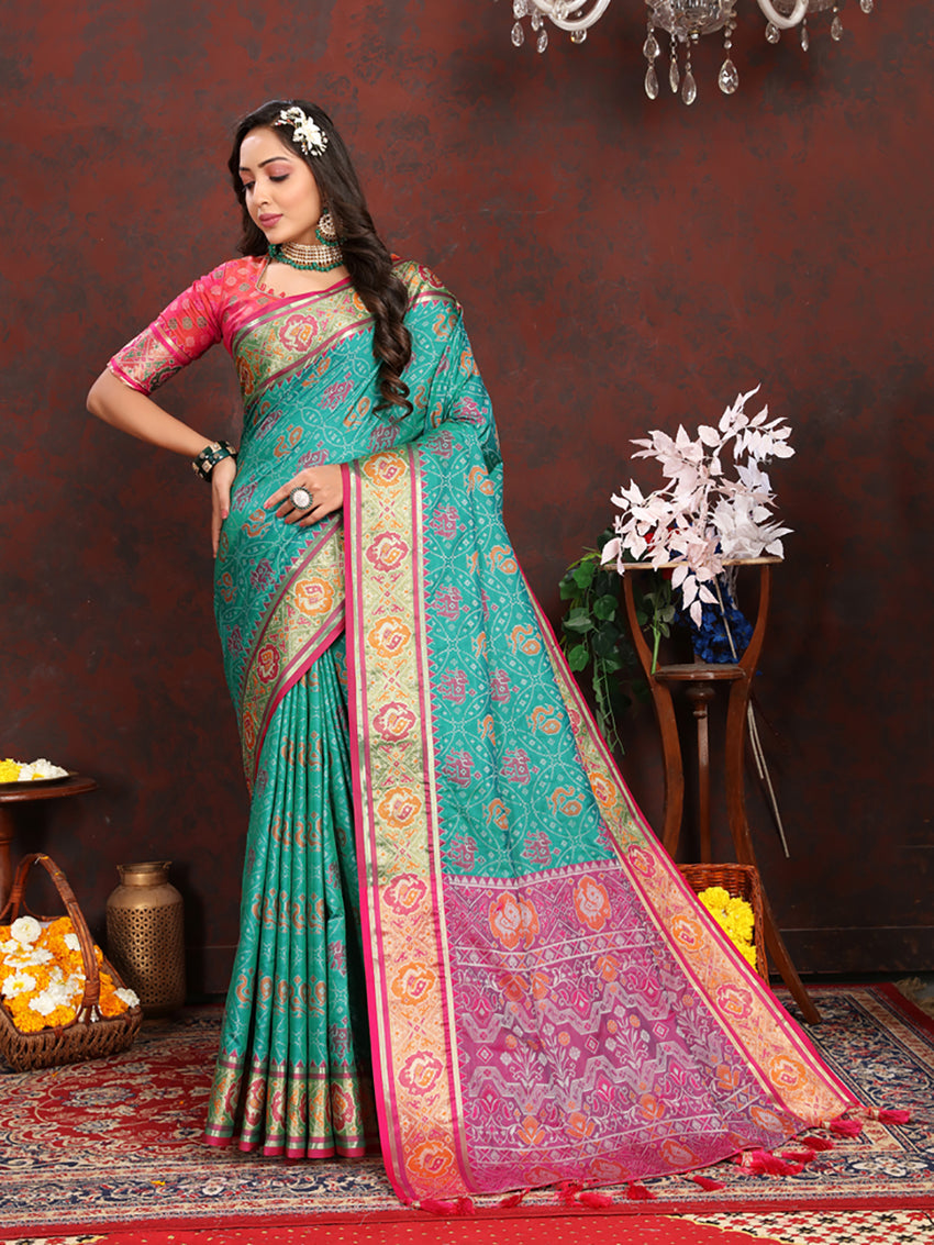 Lorenvalley Fashion Seagreen Patola Silk Woven Design with Zari Meenakari Weaving motifs Pallu Saree - Swadesiicart