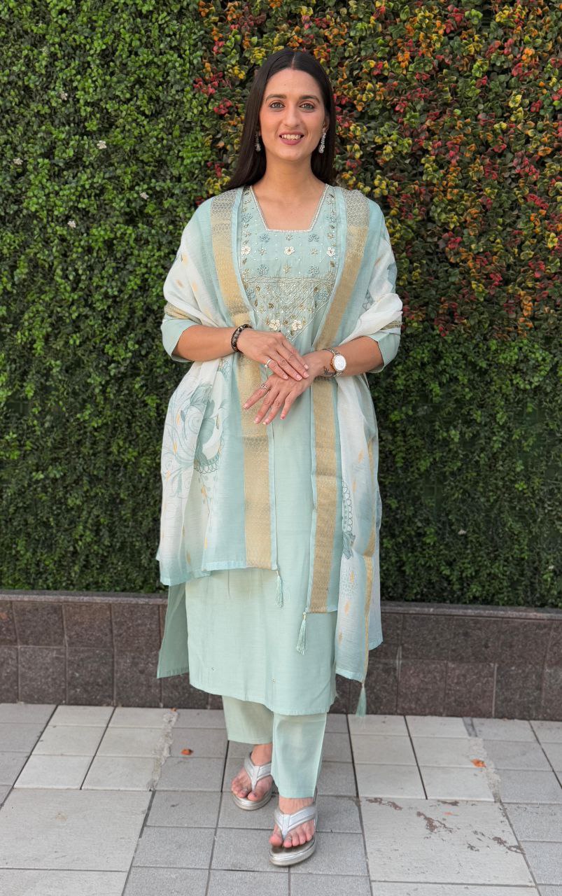 Lorenvalley Fashion Seagreen Roman Silk Hand Work Kurta Pant with Dupatta - Swadesiicart