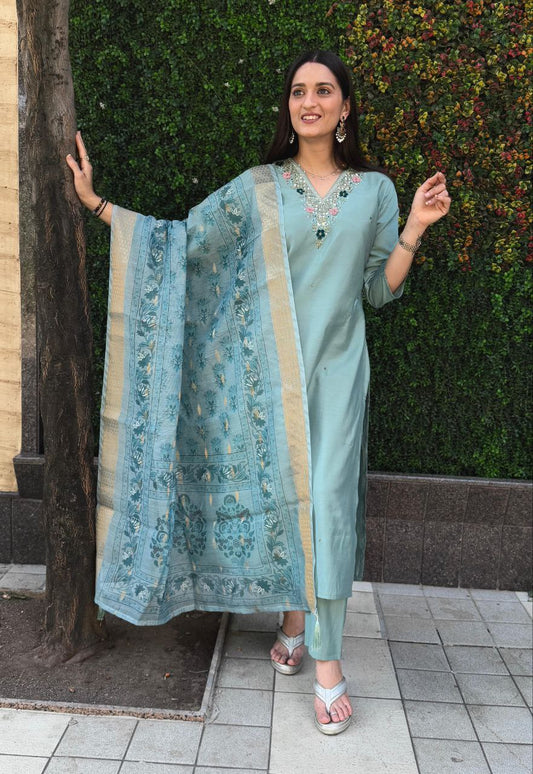 Lorenvalley Fashion Seagreen Roman Silk Hand Work Kurta Pant with Dupatta - Swadesiicart