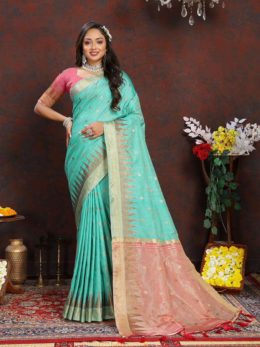 Lorenvalley Fashion Seagreen Soft Katan Silk Woven Design Zari Weaving Pallu Saree - Swadesiicart