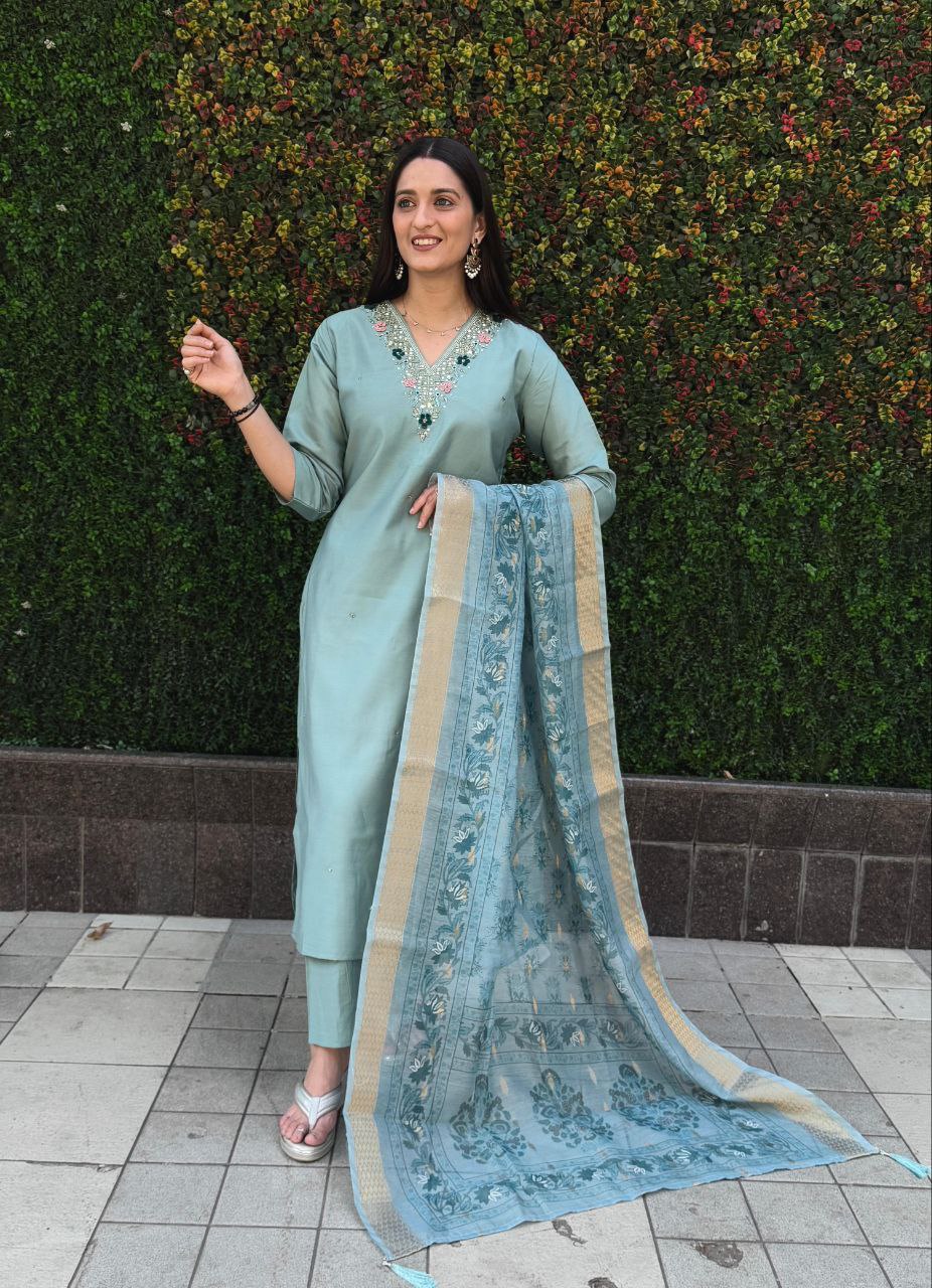 Lorenvalley Fashion Seagreen Roman Silk Hand Work Kurta Pant with Dupatta - Swadesiicart