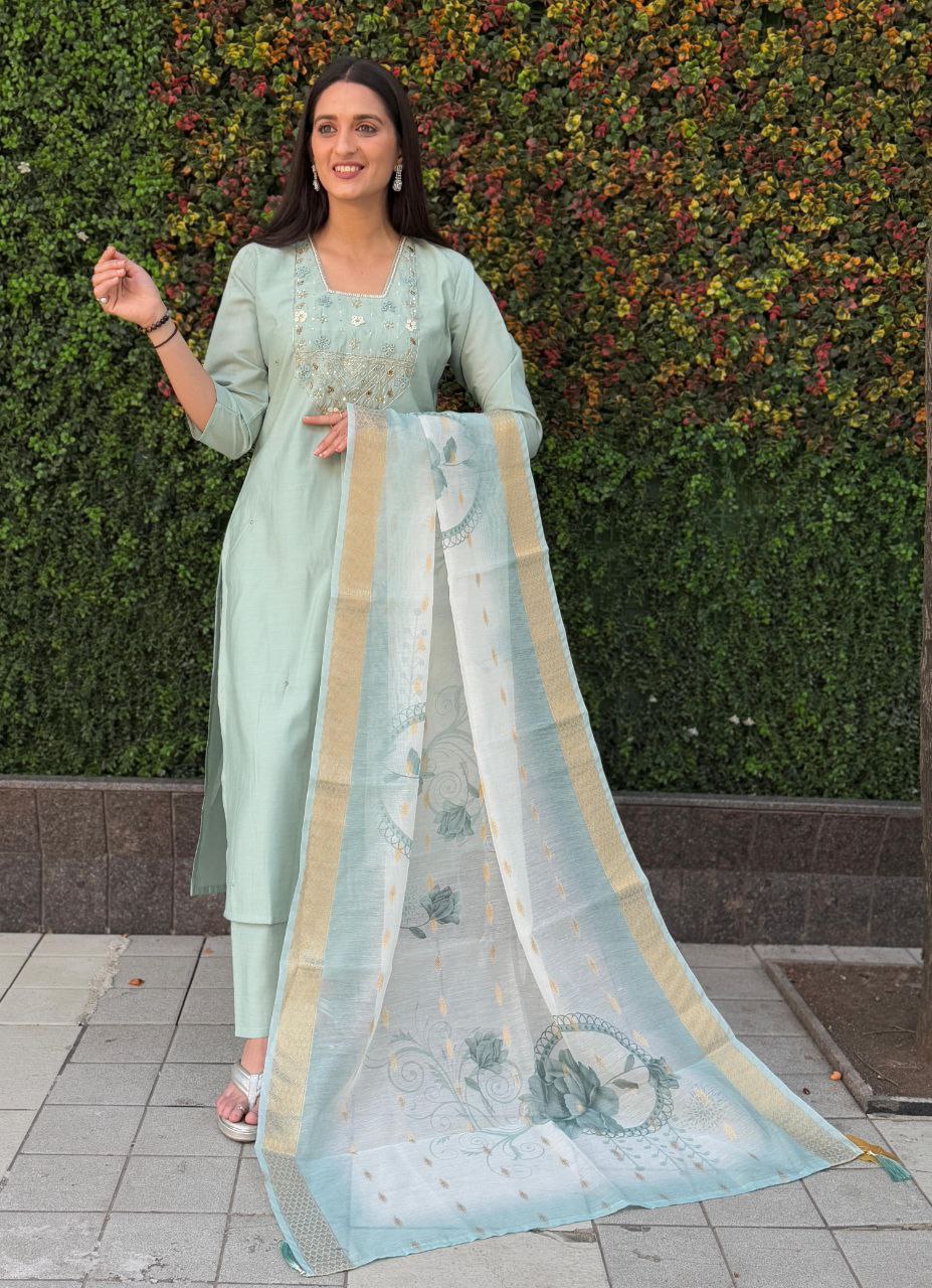 Lorenvalley Fashion Seagreen Roman Silk Hand Work Kurta Pant with Dupatta - Swadesiicart