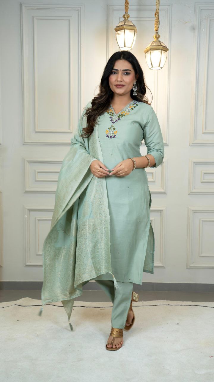Lorenvalley Fashion Seagreen Roman Silk Hand Work Kurta Pant with Dupatta - Swadesiicart