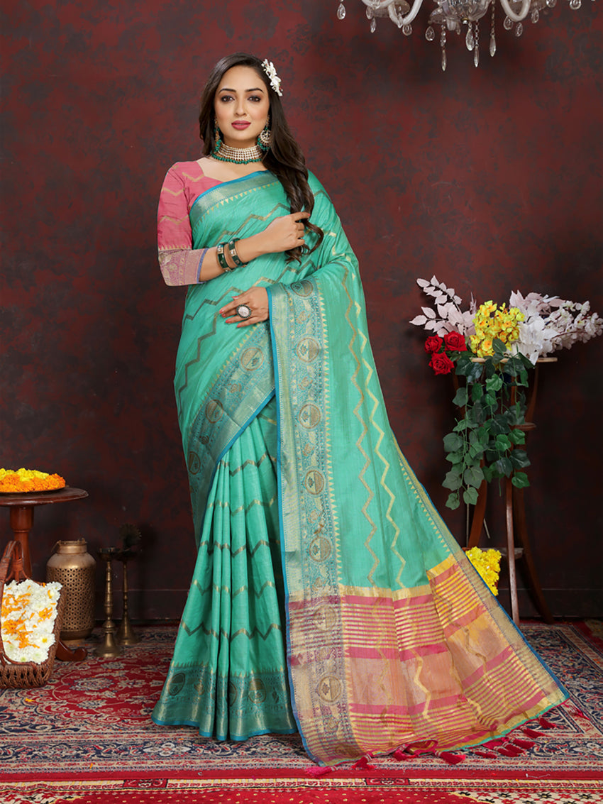 Lorenvalley Fashion Seagreen Soft Katan Silk Woven Design Zari Weaving Pallu Saree - Swadesiicart