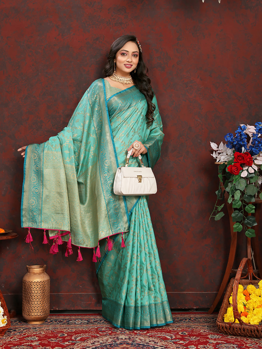 Lorenvalley Fashion Seagreen Soft Katan Silk Woven Design Zari Weaving Pallu Saree - Swadesiicart