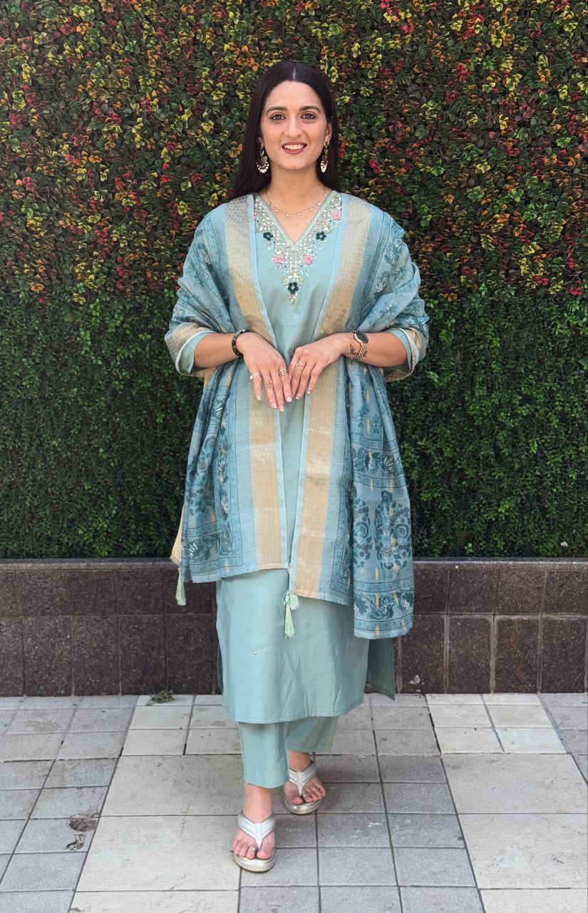 Lorenvalley Fashion Seagreen Roman Silk Hand Work Kurta Pant with Dupatta - Swadesiicart
