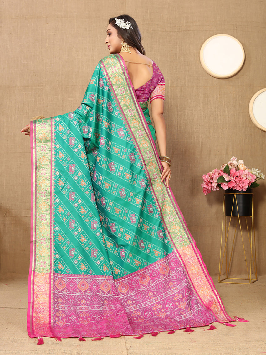 Lorenvalley Fashion Seagreen Patola Silk Woven Design with Zari Meenakari Weaving motifs Pallu Saree - Swadesiicart