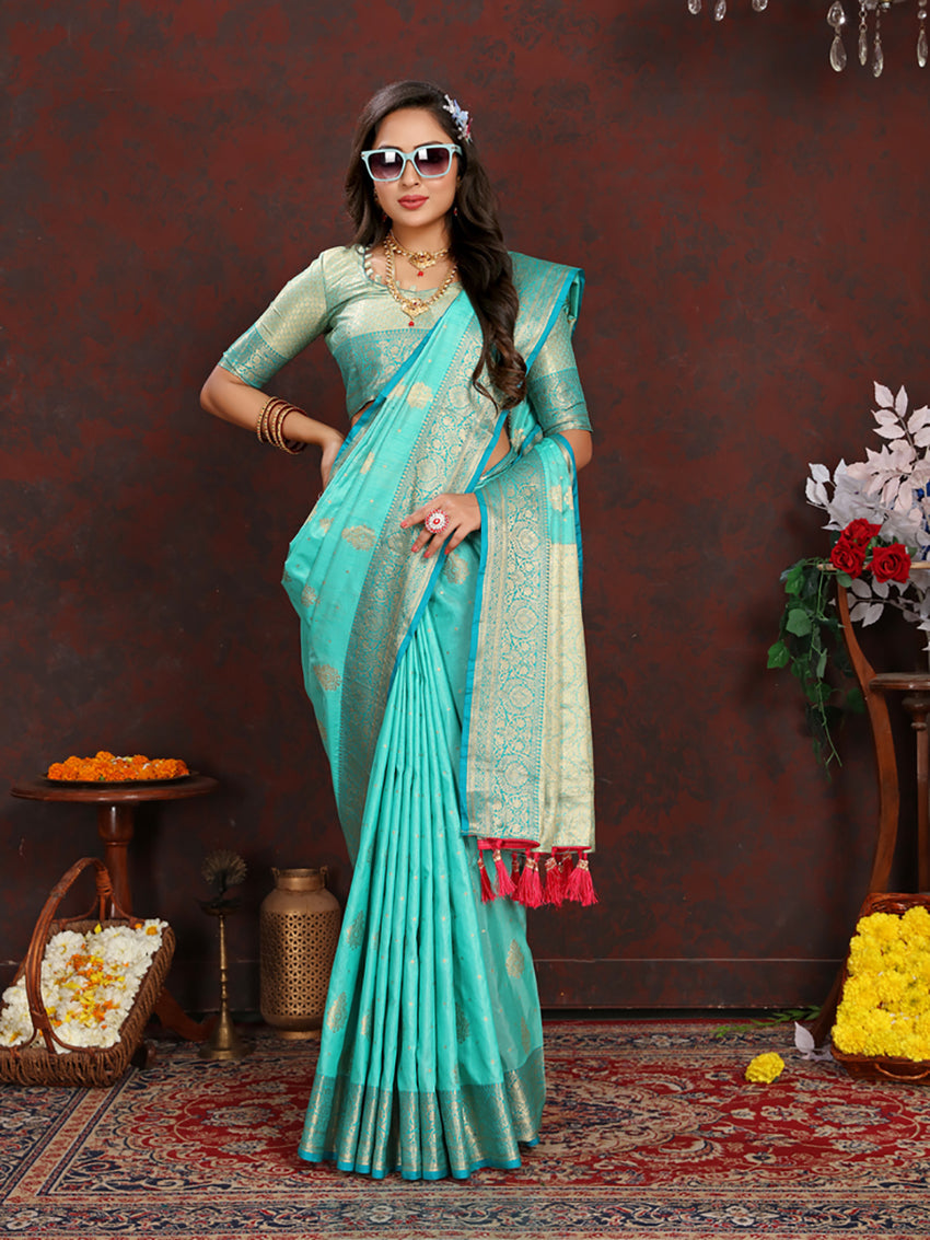 Lorenvalley Fashion Seagreen Soft Katan Silk Woven Design Zari Weaving Pallu Saree - Swadesiicart