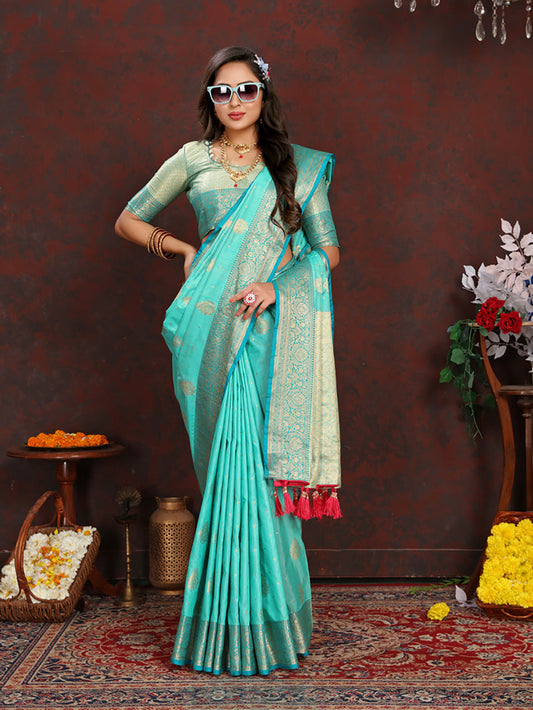 Lorenvalley Fashion Seagreen Soft Katan Silk Woven Design Zari Weaving Pallu Saree - Swadesiicart