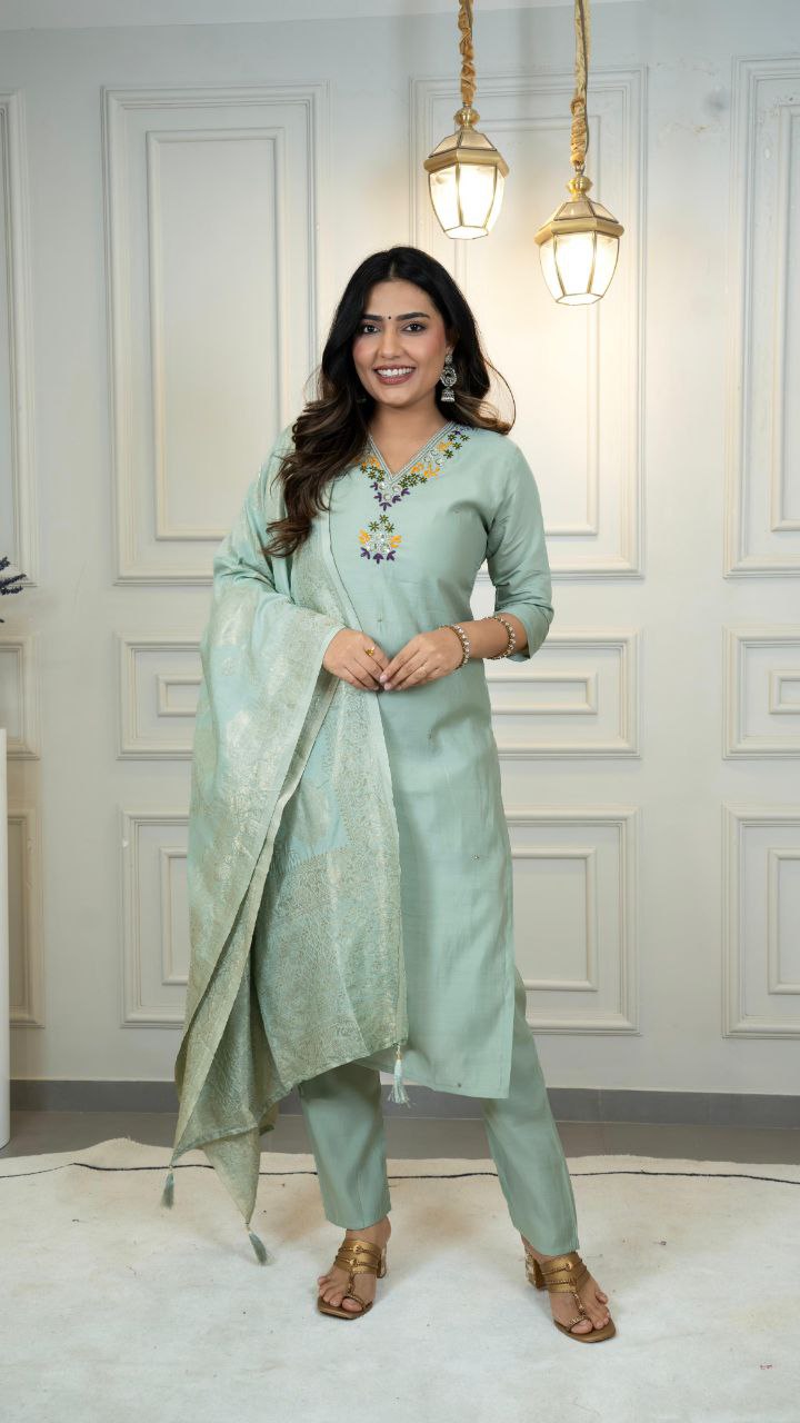 Lorenvalley Fashion Seagreen Roman Silk Hand Work Kurta Pant with Dupatta - Swadesiicart