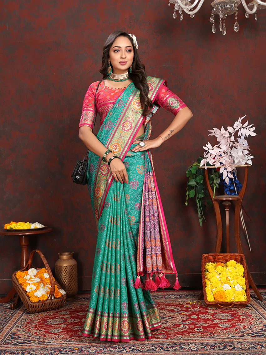 Lorenvalley Fashion Seagreen Patola Silk Woven Design with Zari Meenakari Weaving motifs Pallu Saree - Swadesiicart