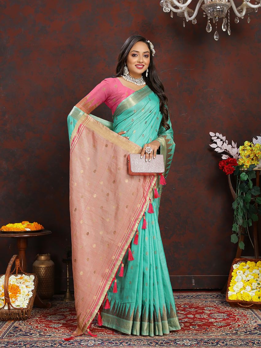 Lorenvalley Fashion Seagreen Soft Katan Silk Woven Design Zari Weaving Pallu Saree - Swadesiicart
