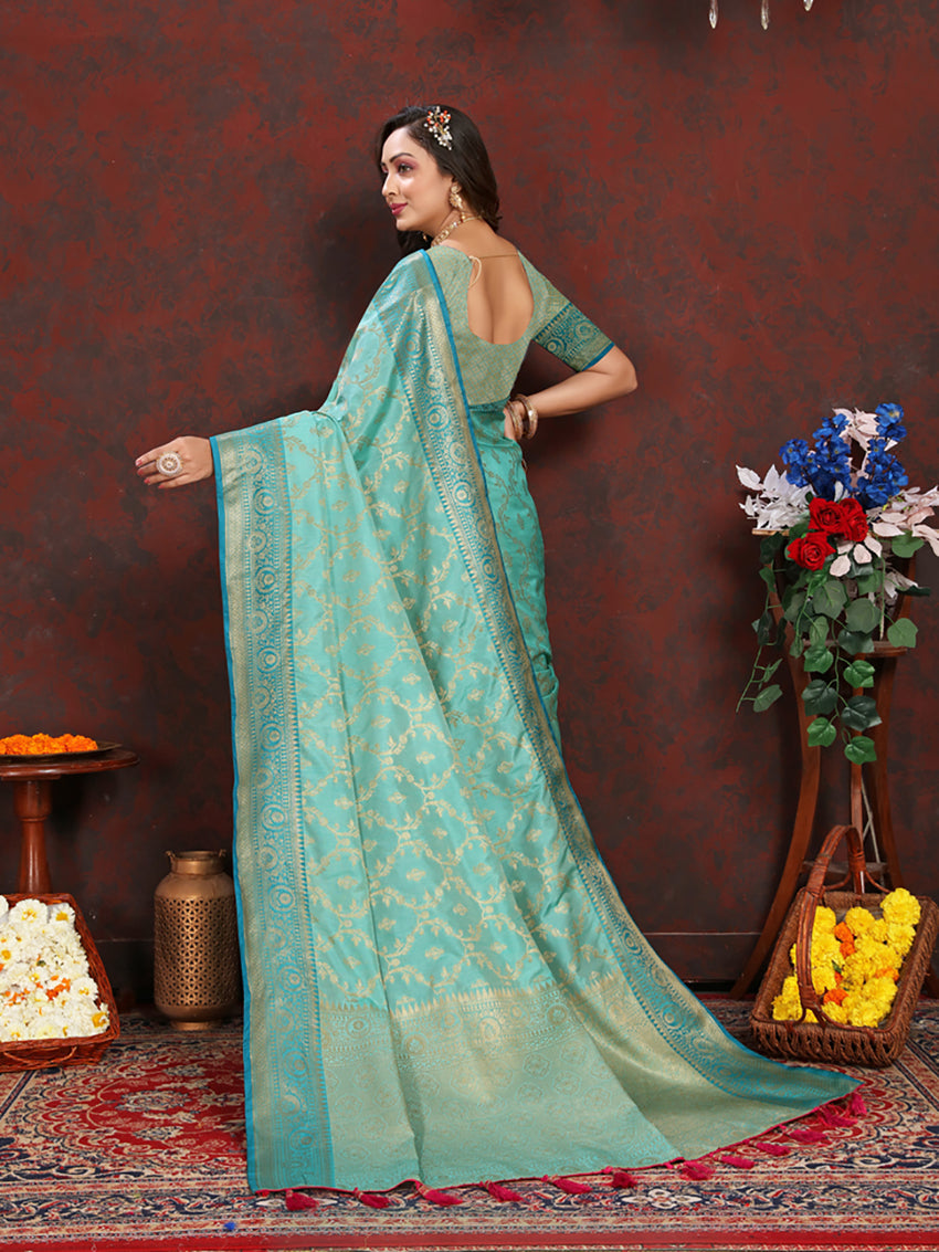 Lorenvalley Fashion Seagreen Soft Katan Silk Woven Design Zari Weaving Pallu Saree - Swadesiicart