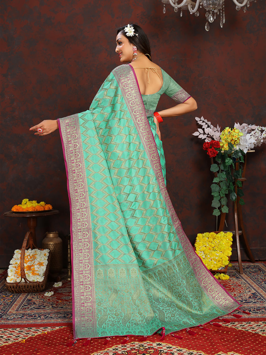 Lorenvalley Fashion Seagreen Soft Katan Silk Woven Design Rich Zari Weaving Pallu Saree - Swadesiicart
