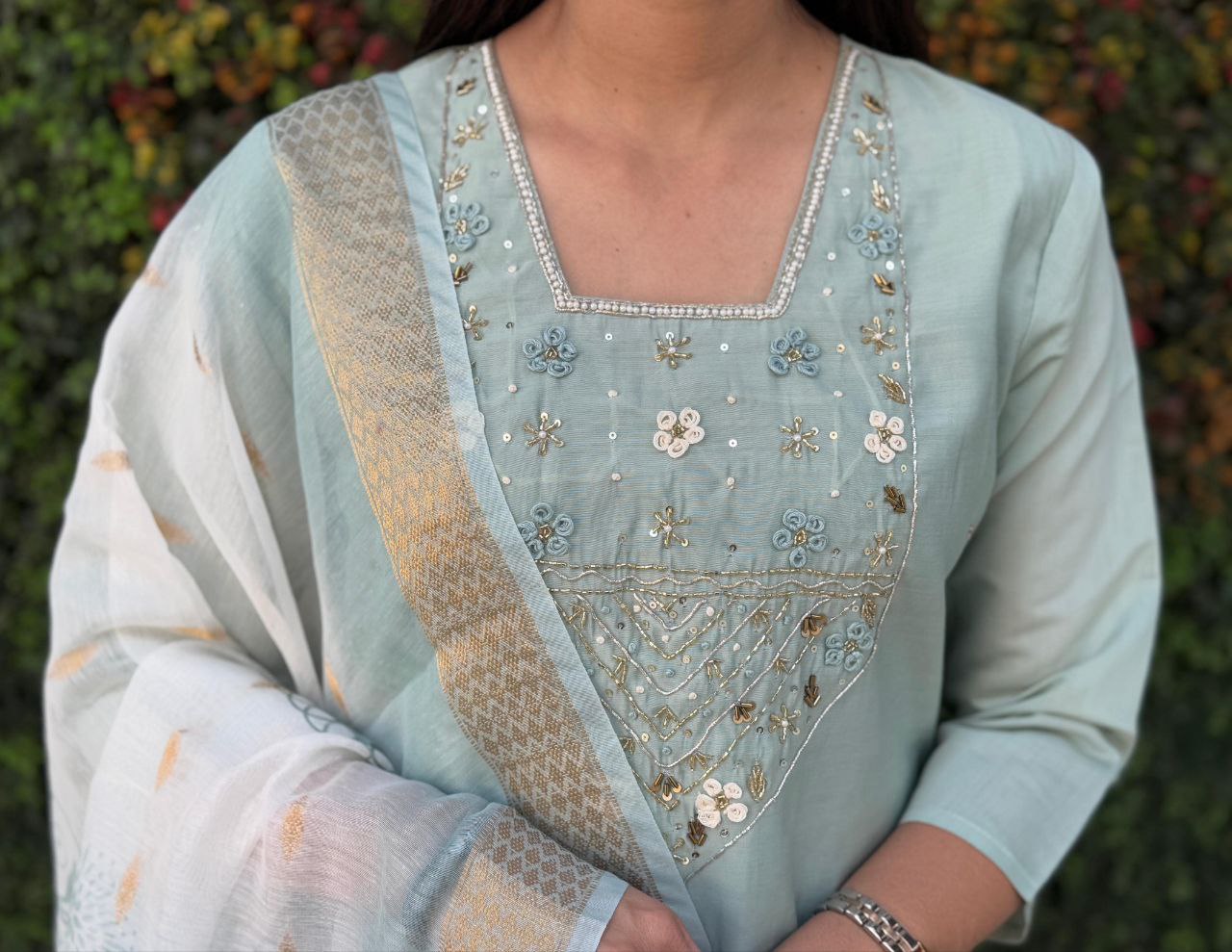 Lorenvalley Fashion Seagreen Roman Silk Hand Work Kurta Pant with Dupatta - Swadesiicart